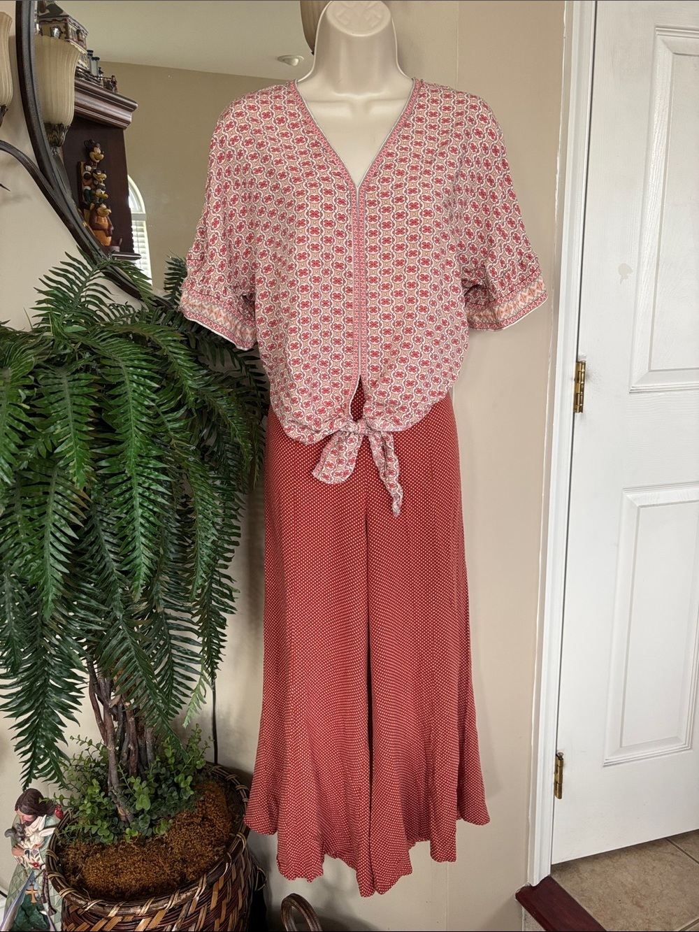 Free People Orange Polka Dot Pants Max Studio Tie-Front Blouse Rayon Boho Outfit